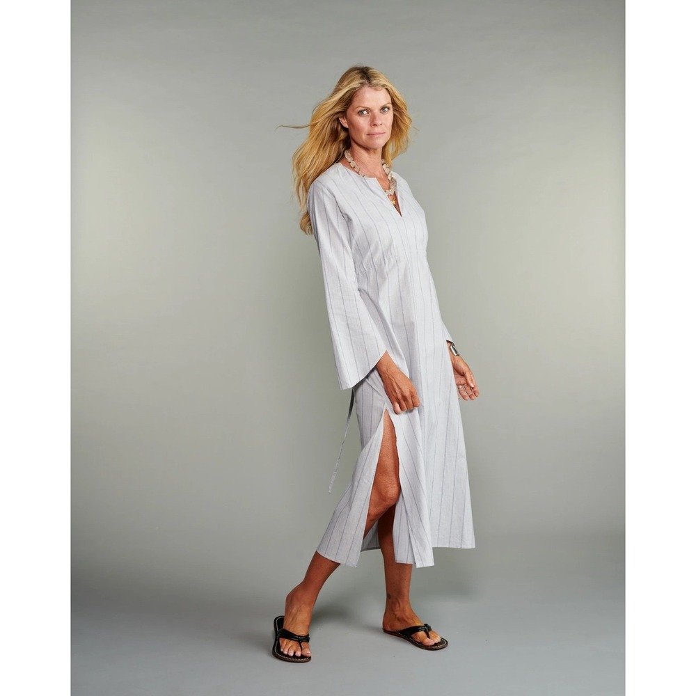 Claridge + King Womens XS THE CAFTAN IN GRAY STRIPE LINEN Midi Dress Bell Sleeve